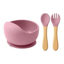 Silicone Baby Tableware Set, Training Spoon And Fork For Learning To Eat With Wooden,  Complementary Foods. - A10 - View 1
