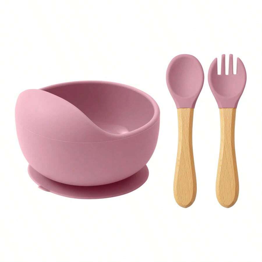 Silicone Baby Tableware Set, Training Spoon And Fork For Learning To Eat With Wooden, Complementary Foods. - A10 - View 1