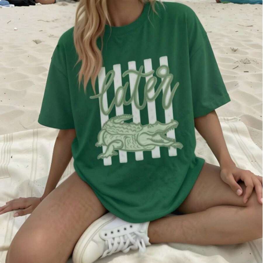 Casual Green Crocodile Print Tee For Women, Plus Size Short Sleeve Round Neck T-Shirt, Relaxed Fit Summer Top - 墨綠色 - 查看 1