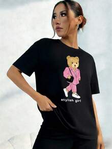 Camiseta con Letras y Osos Estampados, Algodón Cómodo - Blanco - Ver 11