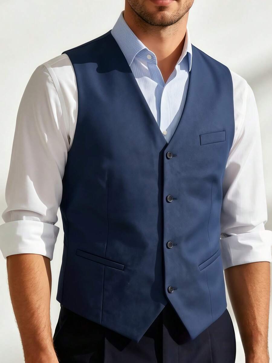 Men's Suit Vest, Men's Slim Fit V-Neck Sleeveless Jacket - Solid Color Non-Stretch Fabric, Versatile For Office And Casual Wear, Single-Size Button - Royal Blue - View 1