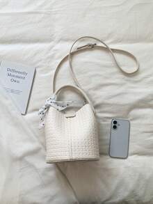 Women's Bucket Handbag, Fashionable Versatile Elegant Solid Color Striped White Bag With Scarf, Suitable For Shopping And Commuting, Includes Small Pouch - White - View 8