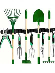 1 pieza Estante de almacenamiento de herramientas con 4 compartimentos y 5 ganchos, almacenamiento montado en la pared para herramientas de jardinería, escobas, fregonas y equipo de garaje, estante de almacenamiento de herramientas - Multicolor - Ver 1