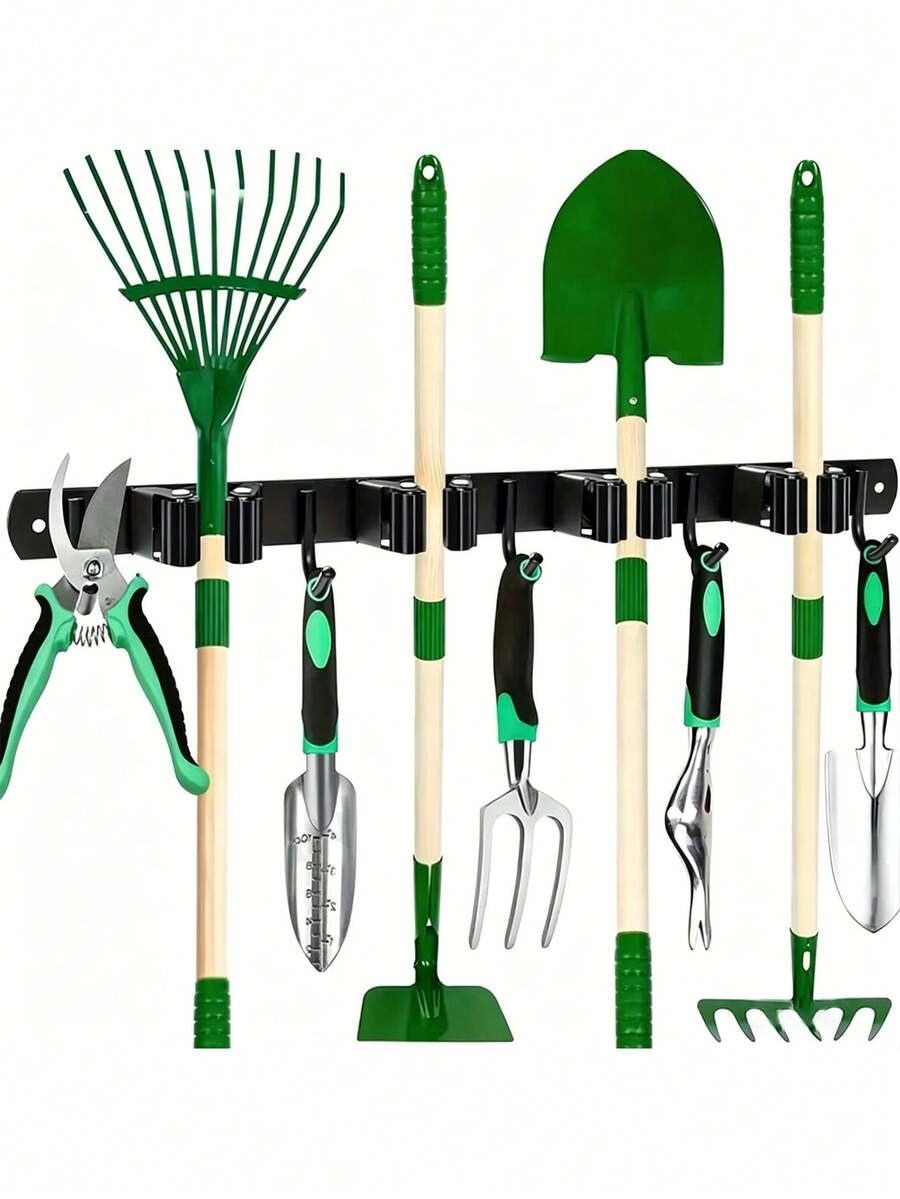 1 pieza Estante de almacenamiento de herramientas con 4 compartimentos y 5 ganchos, almacenamiento montado en la pared para herramientas de jardinería, escobas, fregonas y equipo de garaje, estante de almacenamiento de herramientas - Multicolor - Ver 1