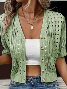 Cardigán de Manga Corta para Primavera y Verano - Verde militar - Ver 4