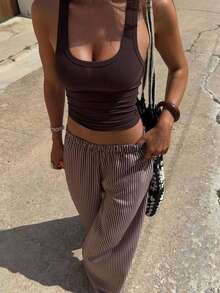 Brown Pinstripe Wide Leg Pants, Relaxed Fit Elastic Waist Casual Trousers, Summer Vacation Versatile Slimming Floor-Length Pants - Brown - View 2