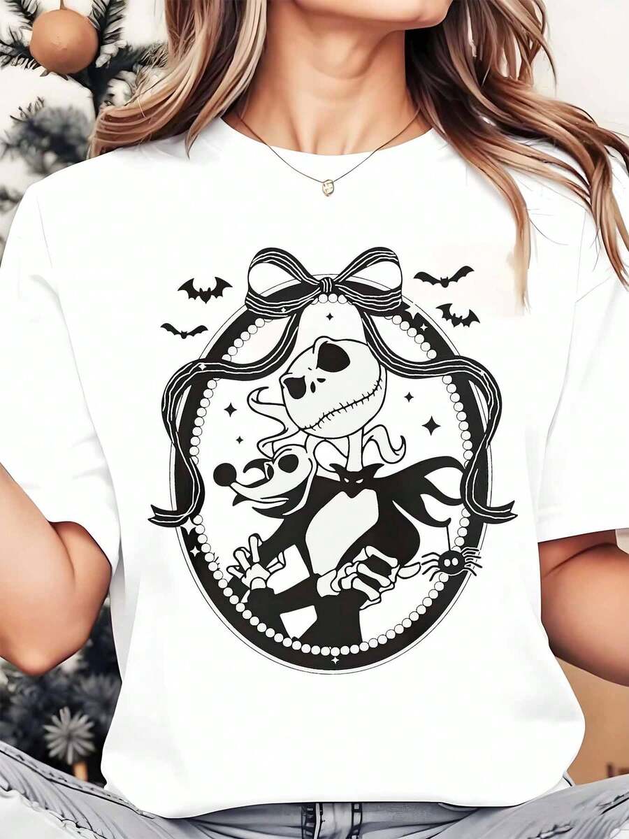 Disney Jack Skellington And Sally Halloween Cartoon Women's Round Neck Shirt Summer Tops Comfortable O-Neck T Shirt Fashion Casual Women Clothes - White - View 1
