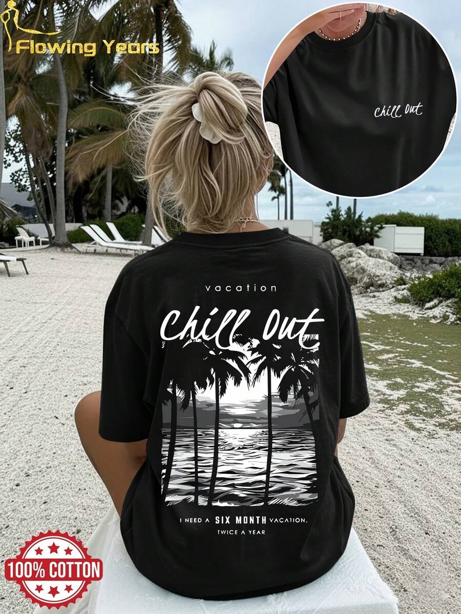 Schwarzes und weißes Damen-T-Shirt aus Baumwolle mit Kokosnussbaum-Print, sommerliches Strandtop - Schwarz - Übersicht 1