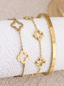 3pcs/1pc Fashion Commuter Style Stainless Steel Jewelry Set With Clover Design, Suitable For Women's Commuting Or Daily Wear, Also A Great Gift For Friends - Yellow Gold - View 9