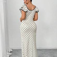 xuehuamaoyi02  Vestido maxi ajustado elegante de lunares para mujer de talla grande, con mangas con volantes, cuello cuadrado, cómodo y elástico, - Burdeos - Ver 3
