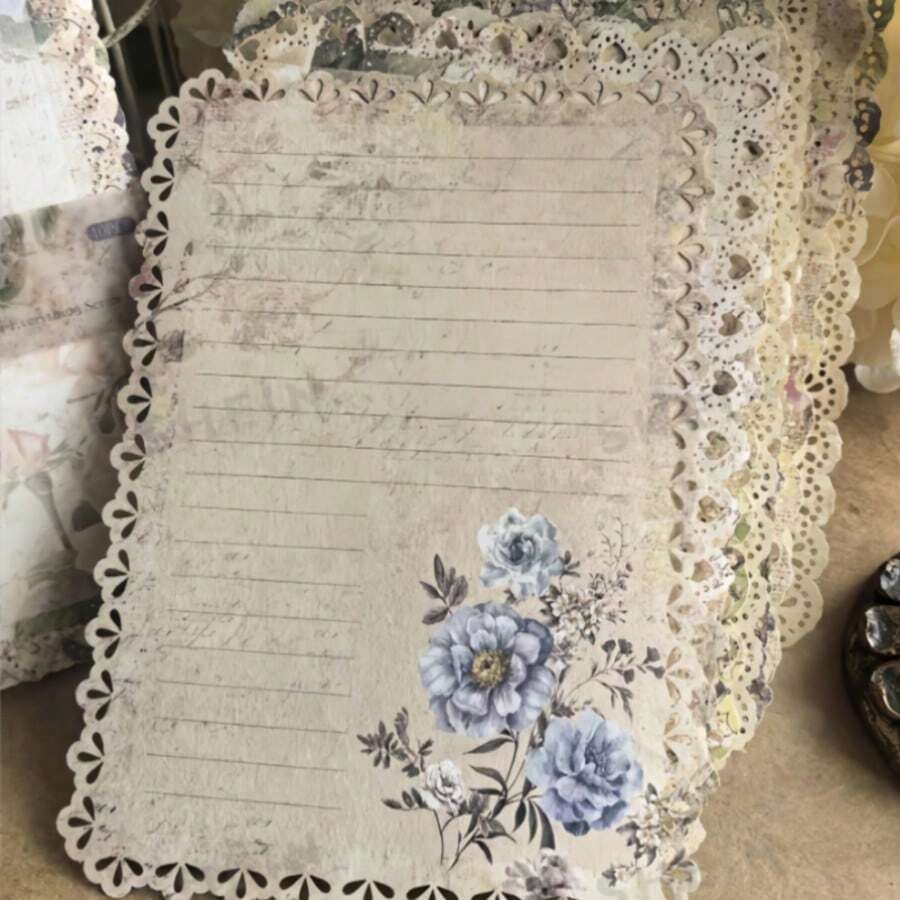 1 Pack 10 Sheets Vintage Botanical Floral Letter Paper Vintage Hollow Border Decorative Background Material Paper - A - View 1
