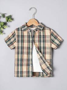 Kemeja Lengan Pendek Kotak-kotak Kasual untuk Liburan Anak Laki-Laki, Cocok untuk Anak Besar dan Kecil - Khaki - View 2