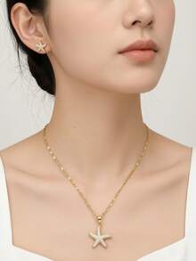 1 pieza Collar colgante elegante y exquisito de mujer con estrella de mar de acero inoxidable con circonita cúbica y strass completo, 1 pieza de pendientes de botón elegantes y exquisitos de mujer con estrella de mar de acero inoxidable con circonita cúbica y strass completo, adecuado para uso diario de mujer, vacaciones en la playa, playa de verano, reuniones, fiestas, regalos, regalo de cumpleaños para amigos, joyería de oro, disponible todo el año - Amarillo Oro - Ver 1