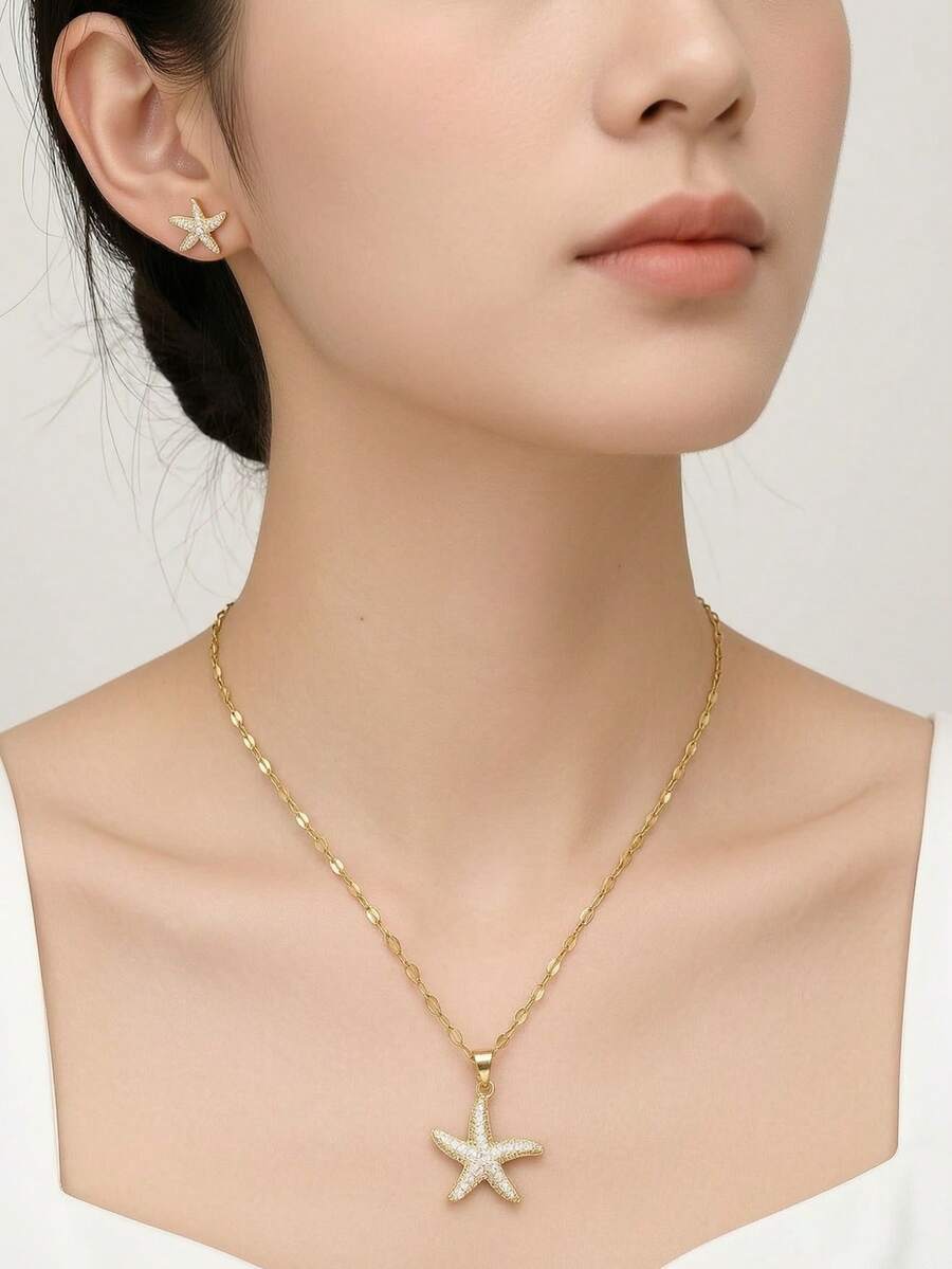 1 pieza Collar colgante elegante y exquisito de mujer con estrella de mar de acero inoxidable con circonita cúbica y strass completo, 1 pieza de pendientes de botón elegantes y exquisitos de mujer con estrella de mar de acero inoxidable con circonita cúbica y strass completo, adecuado para uso diario de mujer, vacaciones en la playa, playa de verano, reuniones, fiestas, regalos, regalo de cumpleaños para amigos, joyería de oro, disponible todo el año - Amarillo Oro - Ver 1