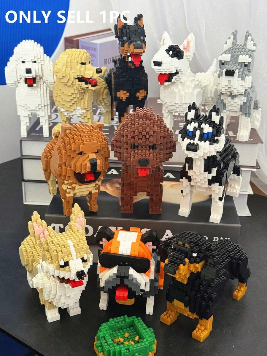 1個卡通積木動物狗 臘腸/哈士奇/雪拿瑞/松獅/鬥牛犬/貴賓犬/黃金獵犬/杜賓犬/獵犬系列 寵物狗伴侶 3D拼圖 DIY創意教育組裝積木模型裝飾品 家居裝飾 生日禮物