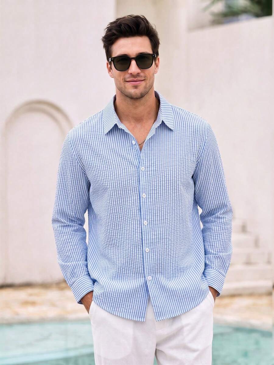 Mercer Haus Men's Casual Striped Textured Fabric Shirt, Suitable For Summer Vacation Beach. - Blue - View 1