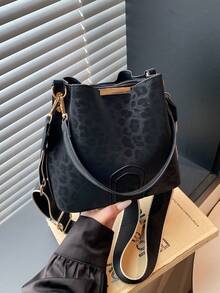 Nuevo Bolso de Moda Nicho Chic Casual Versátil Estampado de Leopardo Bolso Cubo Vintage Clásico Textura Premium Correa Ancha Bolso de Mujer Bolso de Hombro Bandolera Bolso de Mano Trabajo Desplazamiento Cita Compras Bolso Urbano Sofisticado Diario - Negro - Ver 3
