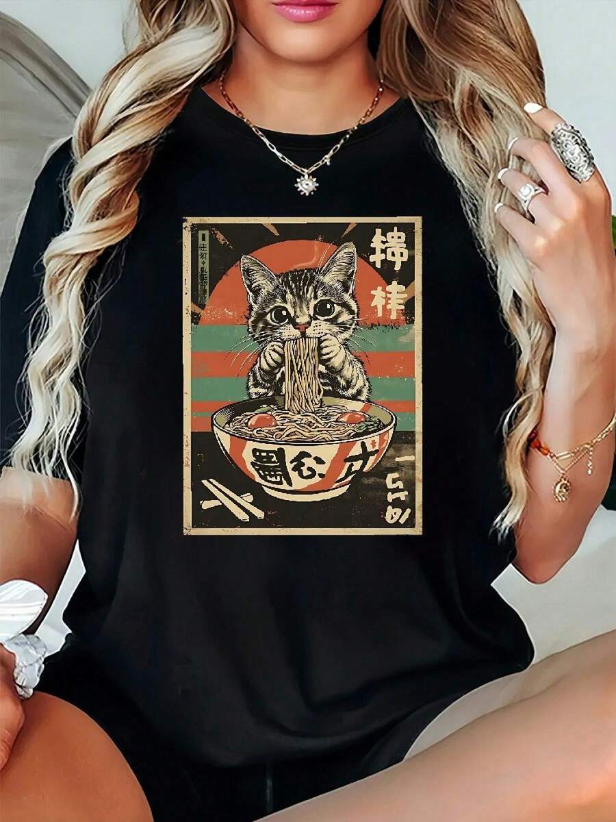 Camiseta talla grande gatito comiendo fideos, manga corta cuello redondo, mujer - Negro - Ver 1