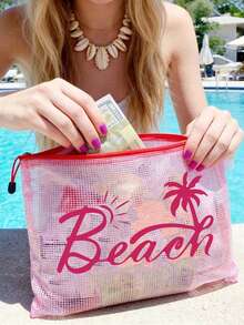 多色時尚沙灘包，印有「Beach」文字、棕櫚樹與太陽圖案。大容量透明化妝包，尼龍拉鍊，輕量，可收納防曬乳、比基尼與沙灘必需品。適合春夏，尼龍拉鍊盥洗包，輕量，可收納防曬乳、比基尼與沙灘用品。春夏收納，適合游泳、沙灘、潛水與夏季度假，學生返校，輕量防曬乳收納包，適合朋友、家人、好朋友、同學。完美禮物 - 彩色 - 查看 4