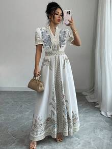 Vestido de Manga Corta con Estampado Floral y Cintura Ajustada al estilo Bohemio - amarillo ganso - Ver 8