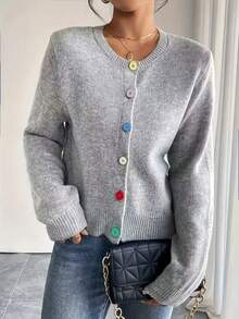 Cardigan Wanita Ukuran Plus Warna Polos Kancing Tunggal Kasual Serbaguna untuk Sehari-hari Lengan Panjang - Light Grey - View 3