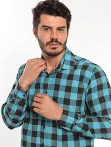 Men's Casual Long-Sleeved Plaid Shirt - 薄荷藍 - 查看 4