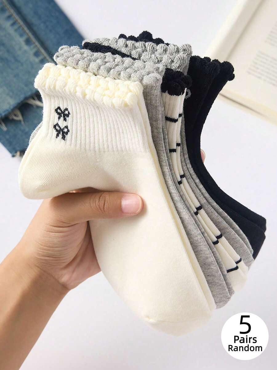 5 pares de calcetines de media caña para mujer con estampado floral y de lazo, aptos para todas las estaciones, colores aleatorios - Multicolor - Ver 1