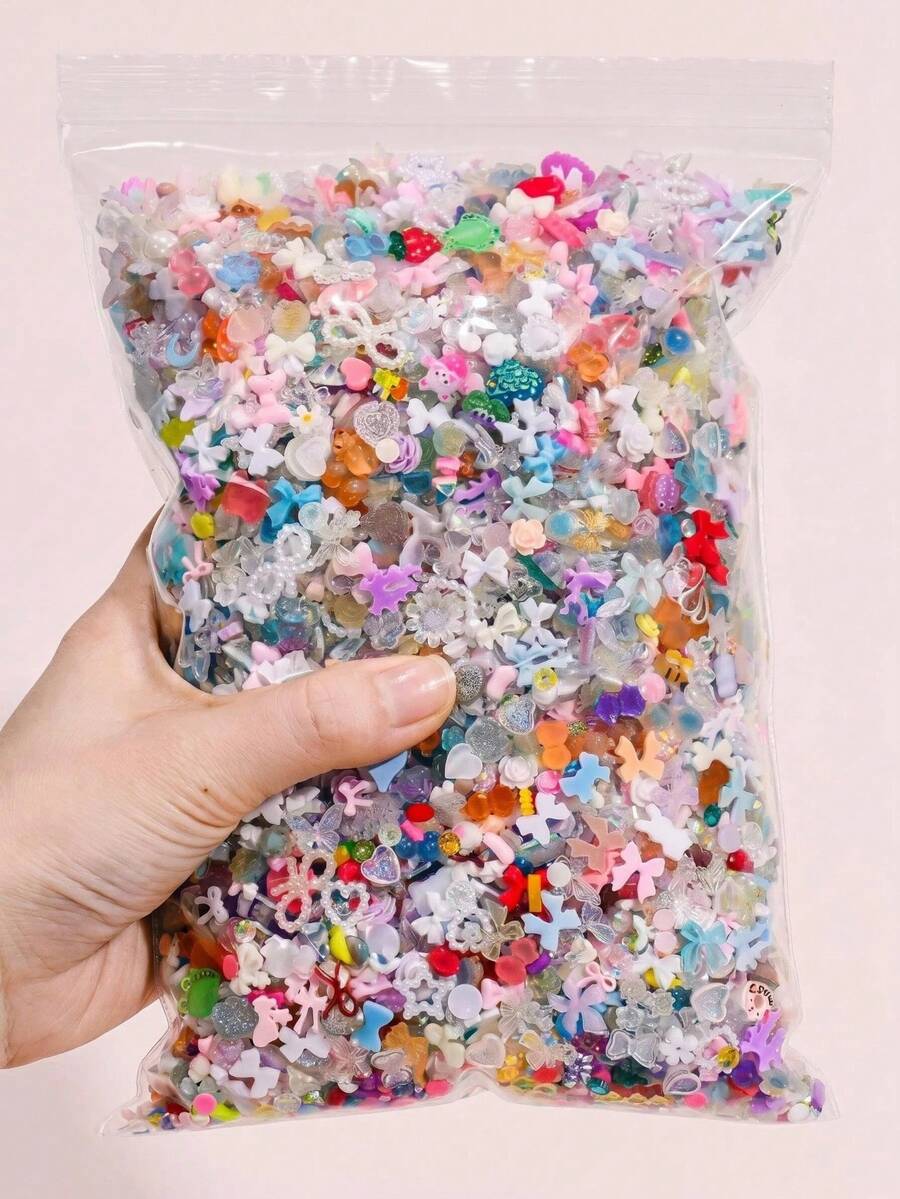50g/Paquete (500-600 piezas) Decoraciones de arte de uñas 3D de colores mixtos, que incluyen formas de corazón, flor y lazo, con una variedad de tamaños y estilos de rhinestones, serie de perlas huecas, hechas de resina con fondo plano y decoración de rhinestones, adecuadas para salón de uñas, arte de uñas DIY, manualidades y joyería de mujeres, estilo coreano, para todas las estaciones - Multicolor - Ver 1
