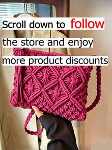 Bolso bandolera tejido bohemio de color sólido, bolso cuadrado pequeño tejido a la moda, adecuado para vacaciones en la playa, compras urbanas, elección perfecta para vacaciones en la playa, - rosa brillante - Ver 3