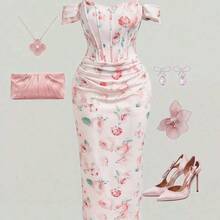 jianchaimaoyi02  MOD Vestido ajustado con estampado floral rosa fuera del hombro para mujer de talla grande, vestido de corset, vestido formal floral, - Multicolor - Ver 9