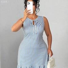 jianchaimaoyi02  Vestido de verano elegante con estampado floral de cuello redondo sin mangas y ajustado para mujer de talla grande, vestido de verano cómodo y casual, - Rosa - Ver 9