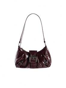 Rollcall Y2K Vintage Soft Distressed Leather Motorcycle Bag With Rivet, Buckle, Pleated Cloud Decor, Shoulder/Underarm Bag, Suitable For Work, Commute - Burgundy - View 2