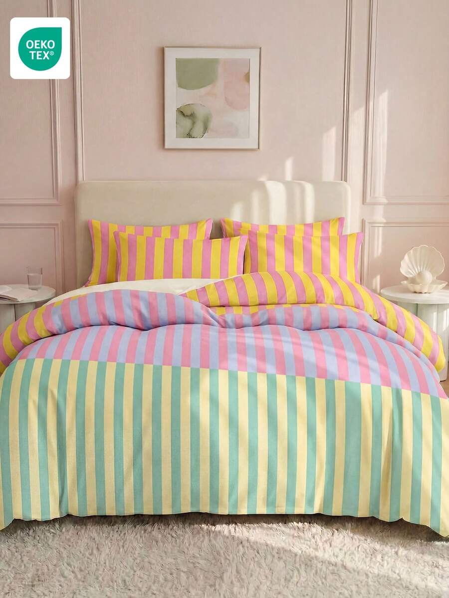 2/3pcs Colorful Striped Duvet Cover Set, Bedding, Comfortable Room Decor, Breathable, Ultra Soft & Anti-Pilling, Duvet Cover & Pillowcase, Duvet Insert Not Included, Suitable For Twin/Full/Queen/King Size Beds, All Seasons, Home Textile, Machine Washable, OEKO-TEX Certified