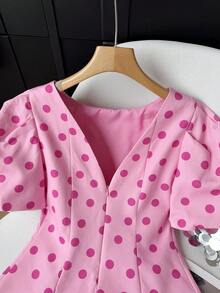 GMFP Pink Polka Dot Round Neck Puff Sleeve Waist-Cinching Cropped Backless Top, Date Independence Day World Cup Women's Outfit Summer - Pink - View 11