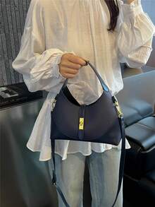 女款手提斜背包 時尚優雅簡約商務購物復古馬鞍包 皇家藍 - 寶藍色 - 查看 7