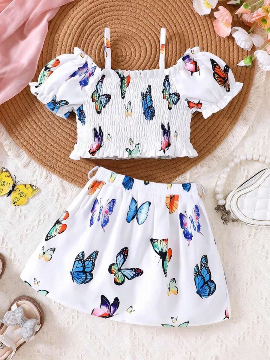 Bộ đồ thường ngày 2 mảnh cho bé gái, gồm áo croptop tay cánh hoa in hình bướm nhiều màu sắc và chân váy xếp ly, thích hợp cho mùa xuân/hè. - trắng - Xem 1