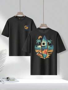 Conjunto de dos piezas de camisetas negras: un lado presenta un pequeño circular, el otro lado tiene un colorido diseño de surf (tabla de surf, palmeras, olas, luna, barco). Incluye per - Negro - Ver 2