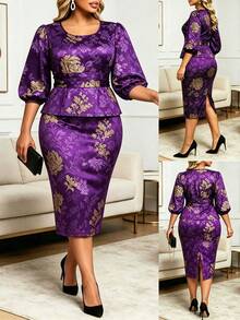 Conjunto de 2 piezas con estampado elegante para mujer talla grande, top de manga farol, ropa de verano para vacaciones - Morado - Ver 5