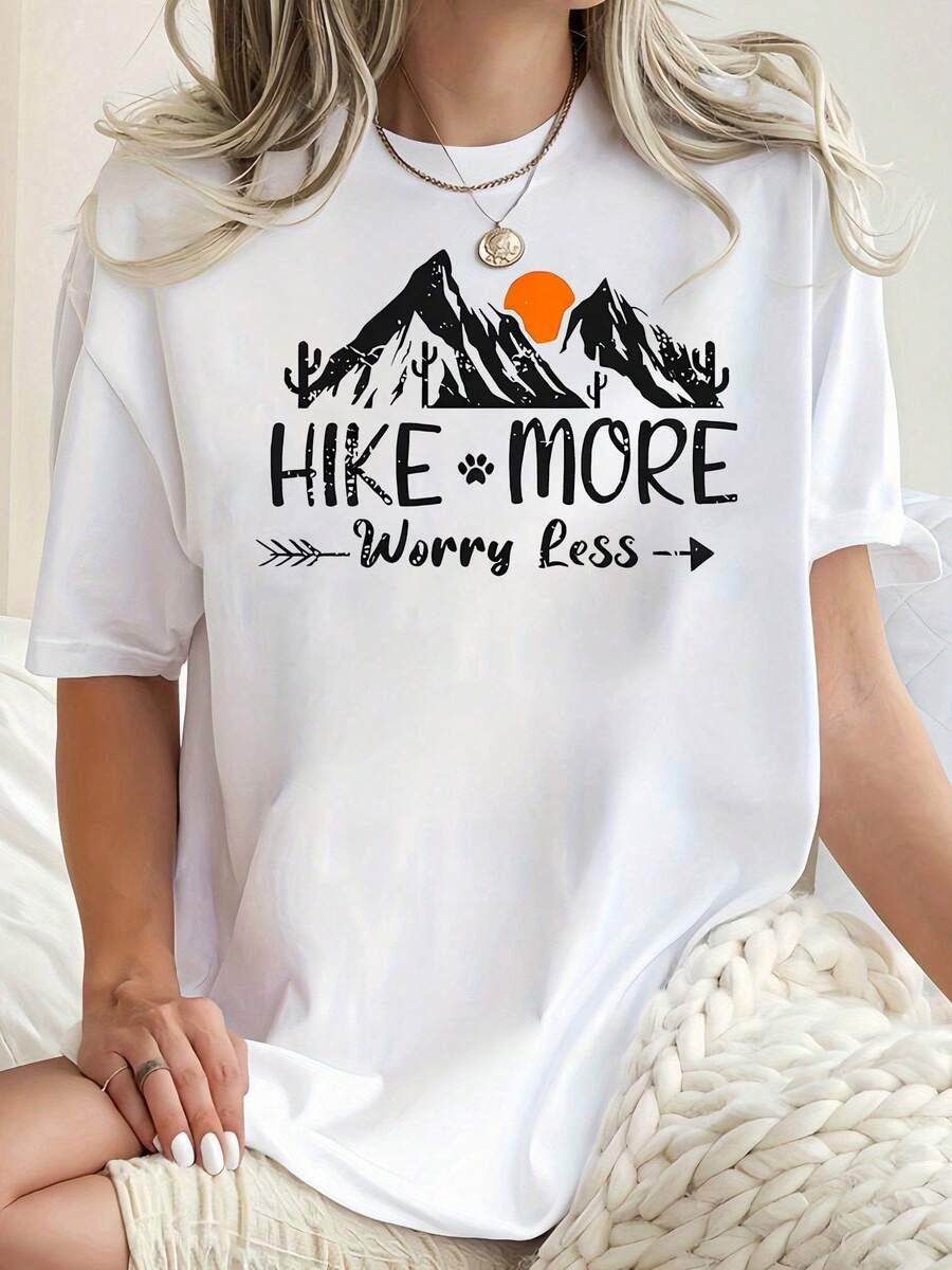 Camiseta de manga corta para mujer con estampado creativo de letras de montaña y desierto, corte regular, estilo casual y deportivo, cómoda para el verano y las vacaciones.Idea de regalo - Blanco - Ver 1
