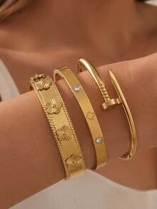 Set Gelang Stainless Steel Wanita Berlapis Emas 18k dengan Motif Bunga Besar yang Elegan, Tahan Lama, Hipoalergenik, Cocok untuk Pemakaian Sehari-hari, Liburan, Pesta, dan Hadiah Hari Raya. - Emas - View 2