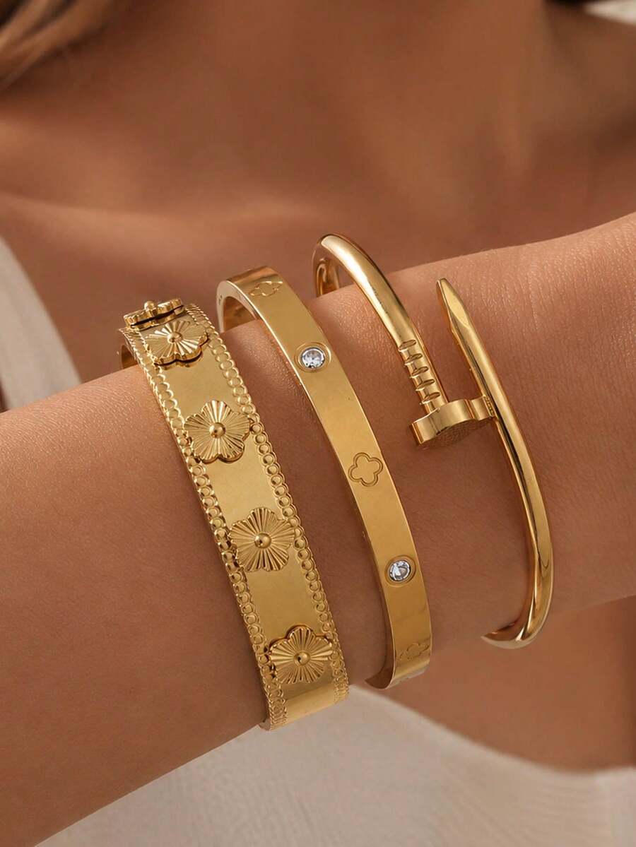 Set Gelang Stainless Steel Wanita Berlapis Emas 18k dengan Motif Bunga Besar yang Elegan, Tahan Lama, Hipoalergenik, Cocok untuk Pemakaian Sehari-hari, Liburan, Pesta, dan Hadiah Hari Raya.