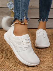AOSEIN Women's Wide Toe Box Athletic Shoes, Fabric Upper, Lace-Up, Breathable, Soft Sole, Lightweight, Versatile Striped Patchwork Decor - White - View 2