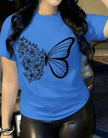 Women's Casual Style T-Shirt, Fashionable Butterfly And Floral Print, Soft Fabric, Loose Fit, Round Neck, Short Sleeves, Perfect For Spring And Summer Everyday Wear. Butterfly, Floral, Chic T-Shirt - 藍色 - 查看 7