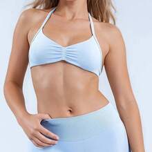 Sujetador deportivo halter con tiras para mujer, top sin costuras de alto soporte con efecto push-up para gimnasio, yoga y fitness - Rojo - Ver 4