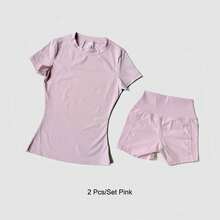 WAREBALL-Conjunto de Yoga para mujer, ropa deportiva para gimnasio, Top deportivo, pantalones cortos de cintura alta, - Rosa - Ver 10