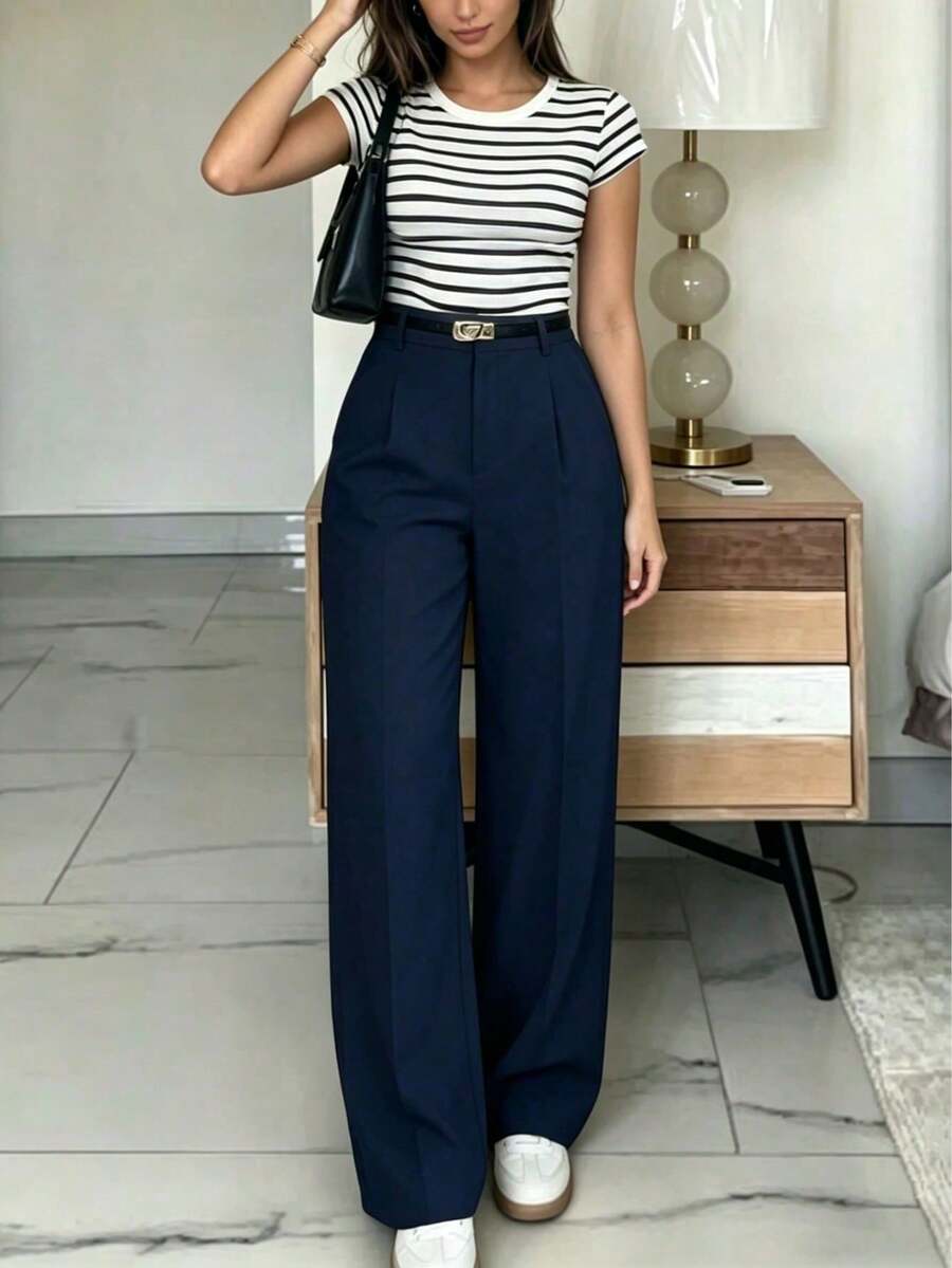 Pantalones anchos de cintura alta y ajuste delgado para mujer, estilo callejero bohemio, adecuados para uso casual, ir al trabajo y vacaciones en primavera/verano - Azul marino 2 - Ver 1