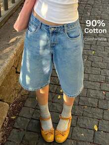 Women's Casual Knee-Length Wide Leg Loose Bermuda Denim Shorts, Suitable For Vacation, Beach, Country Music Festivals, Etc. Summer - 中等水洗藍 - 查看 1