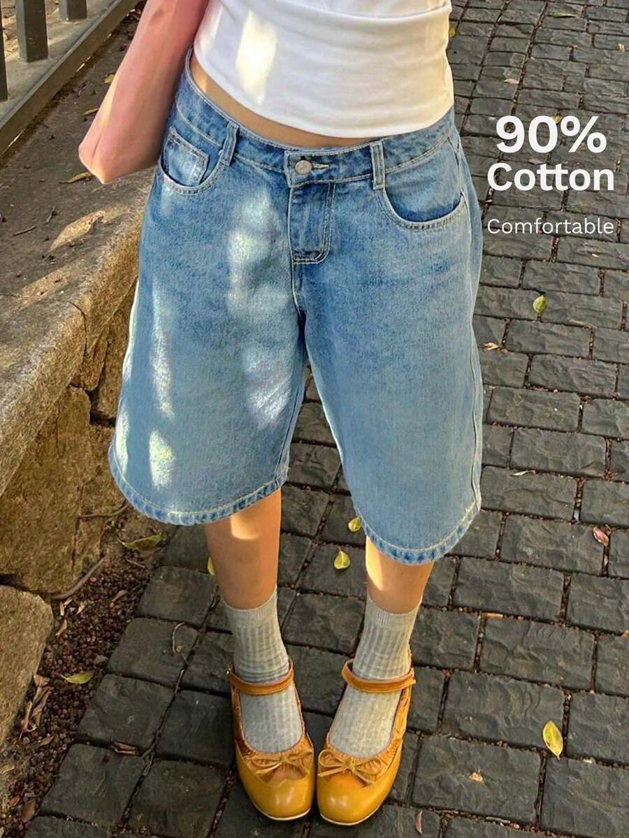 Women's Casual Knee-Length Wide Leg Loose Bermuda Denim Shorts, Suitable For Vacation, Beach, Country Music Festivals, Etc. Summer - 中等水洗藍 - 查看 1