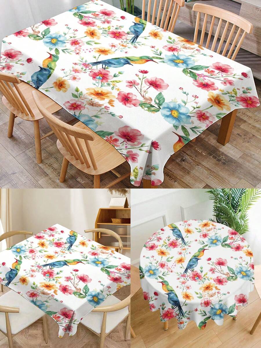 1pc Floral & Bird Print Tablecloth, Modern Polyester Waterproof Tablecloth, Rectangular & Round, Digital Print Suitable For Living Room, Home Use, Outdoor Dining Table, Small Round Table - Multicolor - View 1