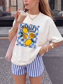 Women's Lemon Print Short Sleeve T-Shirt, Round Neck, Regular Fit, Knit Fabric, Suitable For Summer Street Wear Casual White - White - View 1